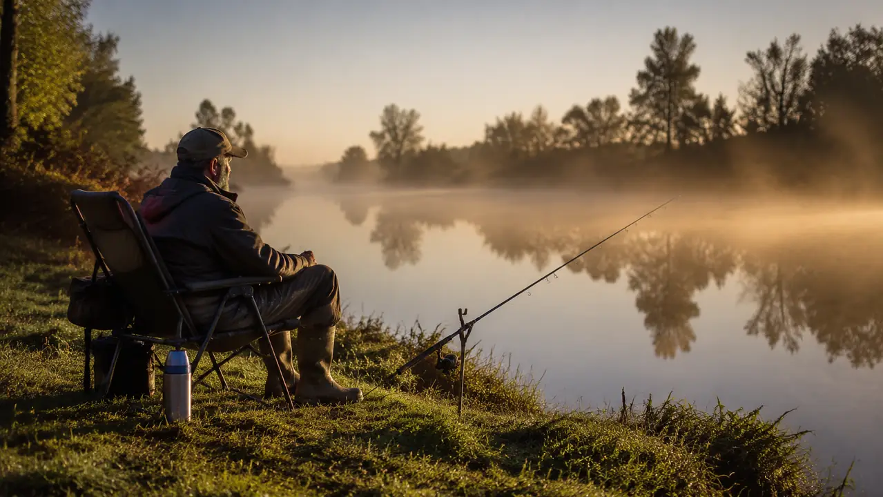 A bank angler seated in a folding camp chair beside a still river at dawn, rod resting in a rod holder at the water's edge, mist over the water