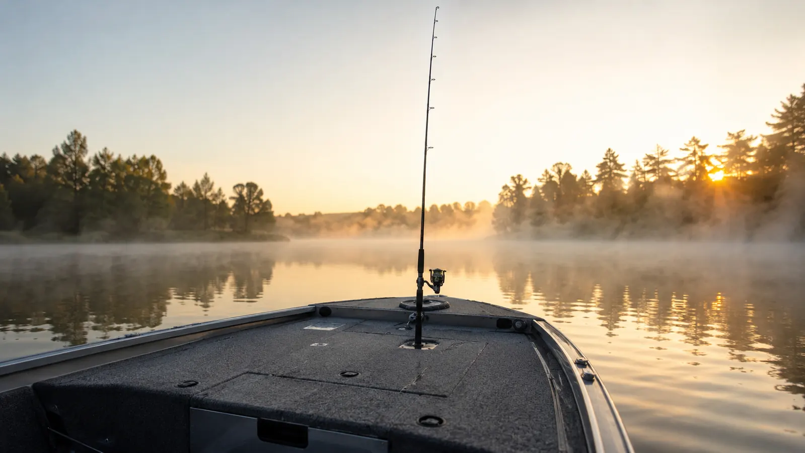 A rod and reel combo standing upright in a deck rod holder on the front deck of an aluminum boat at sunrise, thin mist over a calm lake