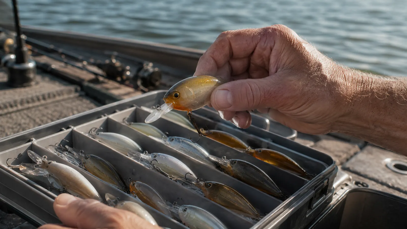 An angler's hand lifting a crankbait out of a tray in the tackle box while seated on the casting deck, water behind