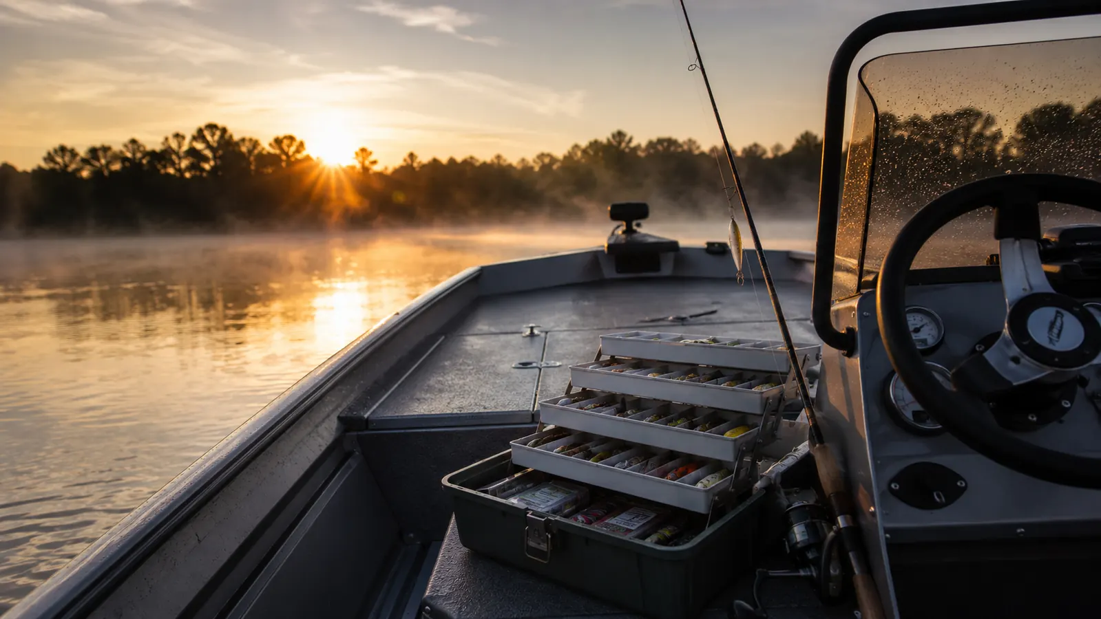 An open tackle box on the front deck of an aluminum fishing boat at sunrise, lure trays laid out, a rod resting against the console, mist over the lake