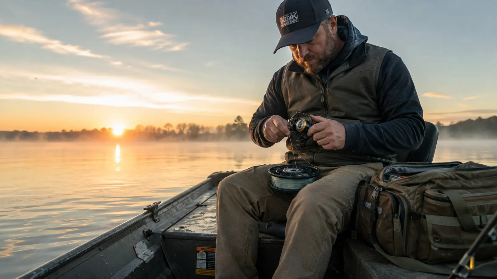 Angler spooling fresh line onto a spinning reel on the deck of a boat at sunrise, mist over a still lake