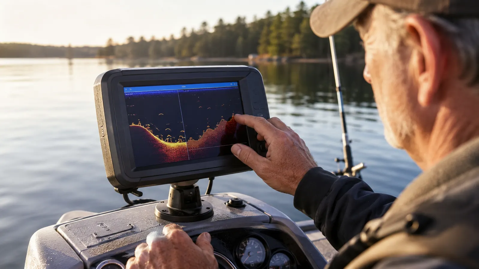 Close view of a fish finder unit mounted on a boat console, an angler's hand resting at the screen on a quiet morning, shoreline and treeline behind
