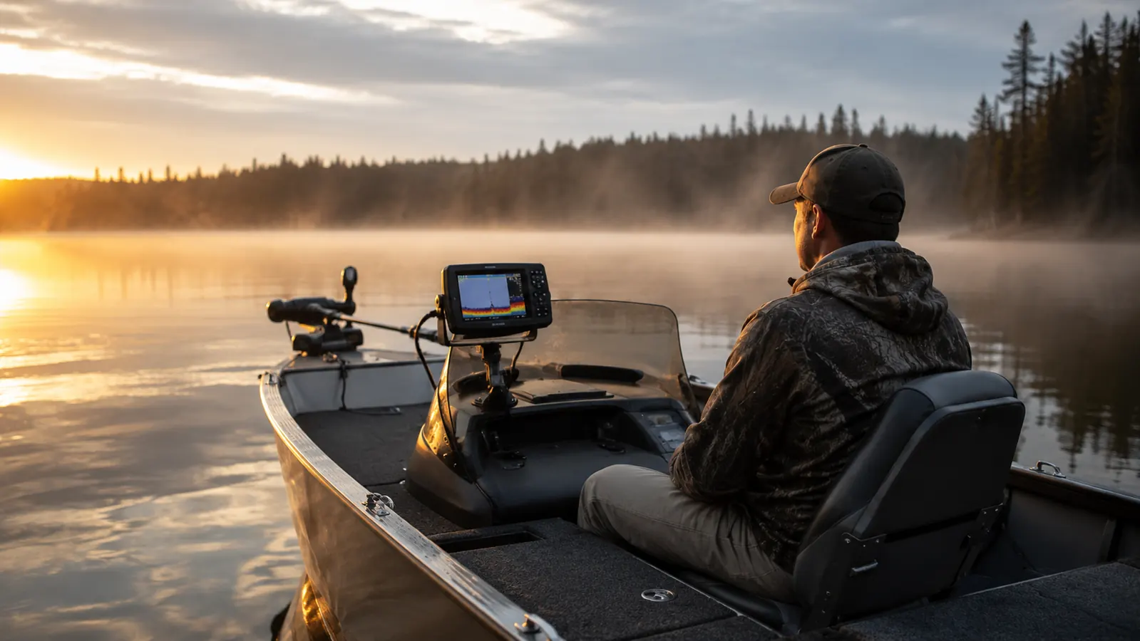 A small aluminum fishing boat floating on a calm lake at first light, a fish finder unit mounted at the bow console catching the dawn glow, thin mist over the water