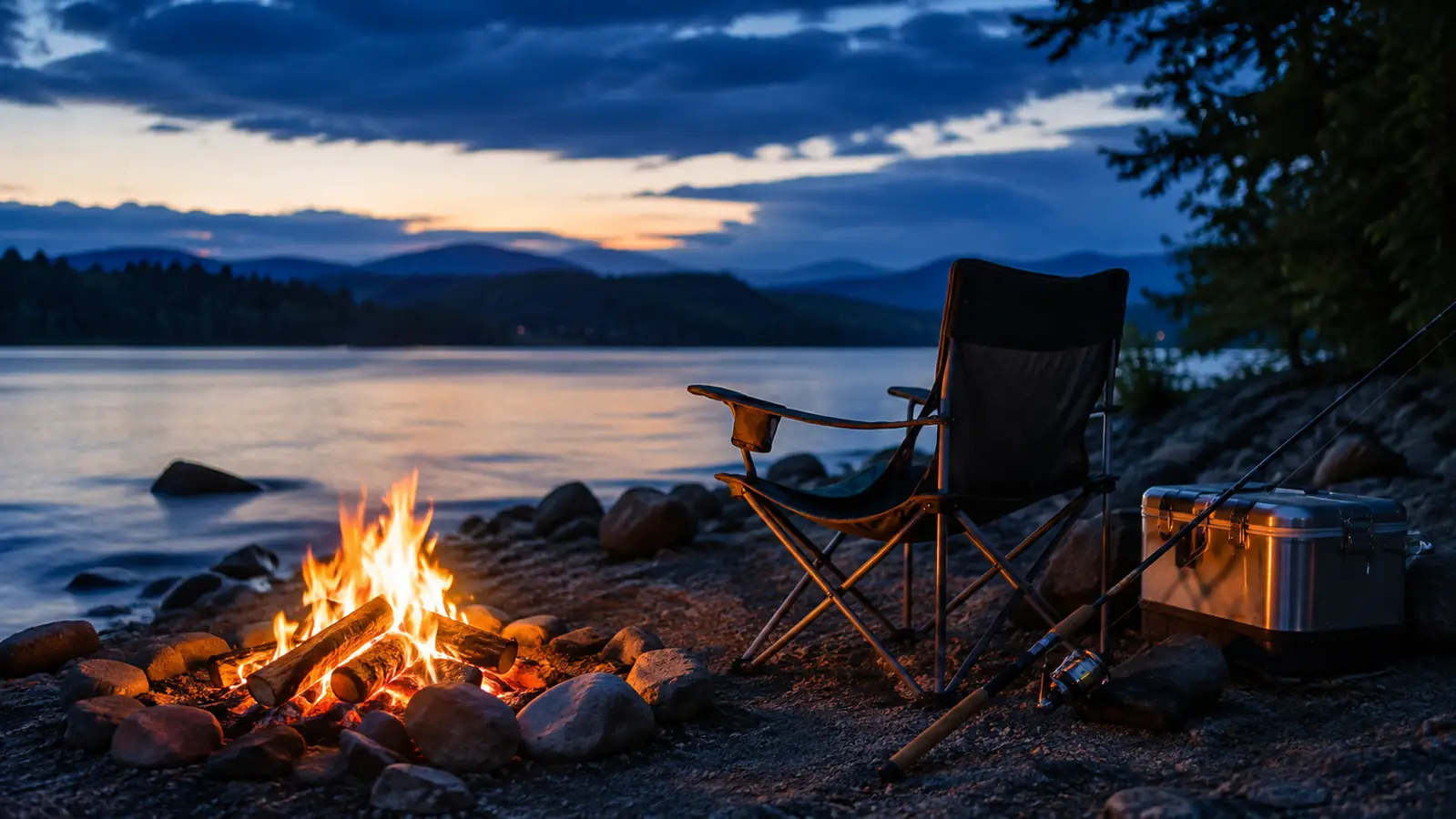 A camp chair sits beside a campfire at dusk on a gravel lake bank, a fishing rod leaning against a cooler, smoke rising into the evening light.
