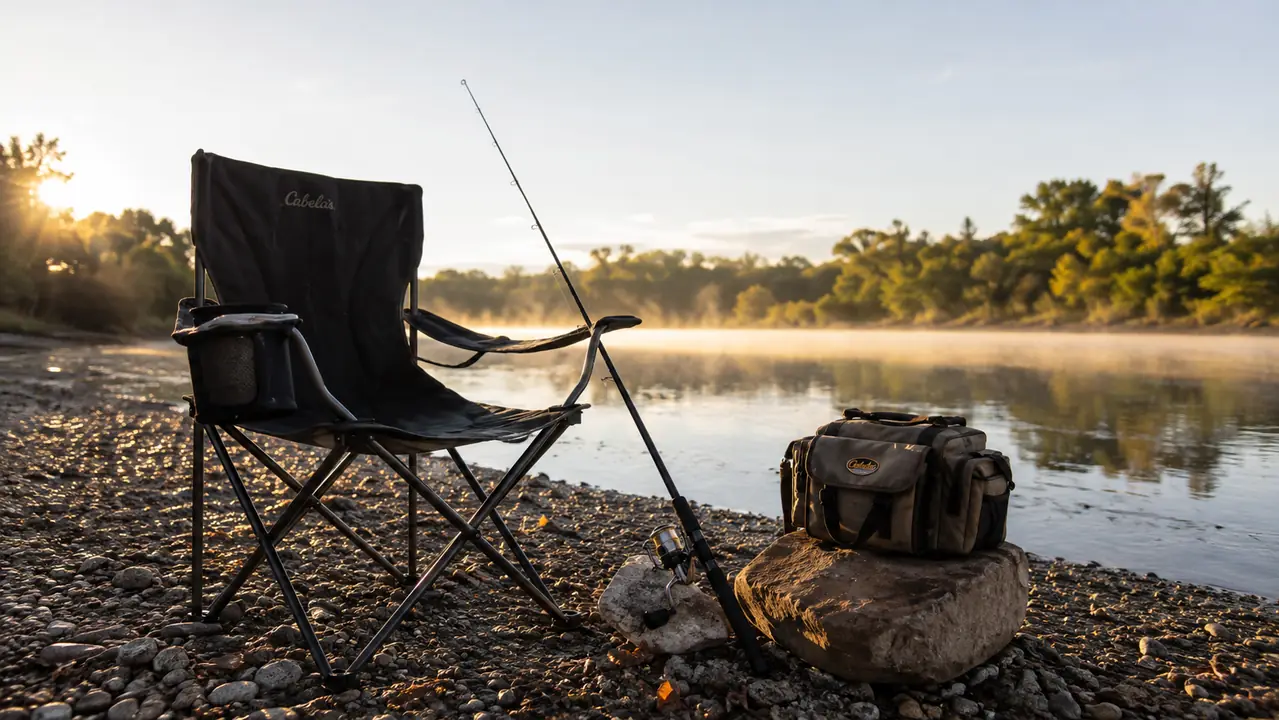 A portable camping chair with an armrest cooler pocket stands on a gravel riverbank at dawn, thin mist over the water, a tackle bag on a rock beside it