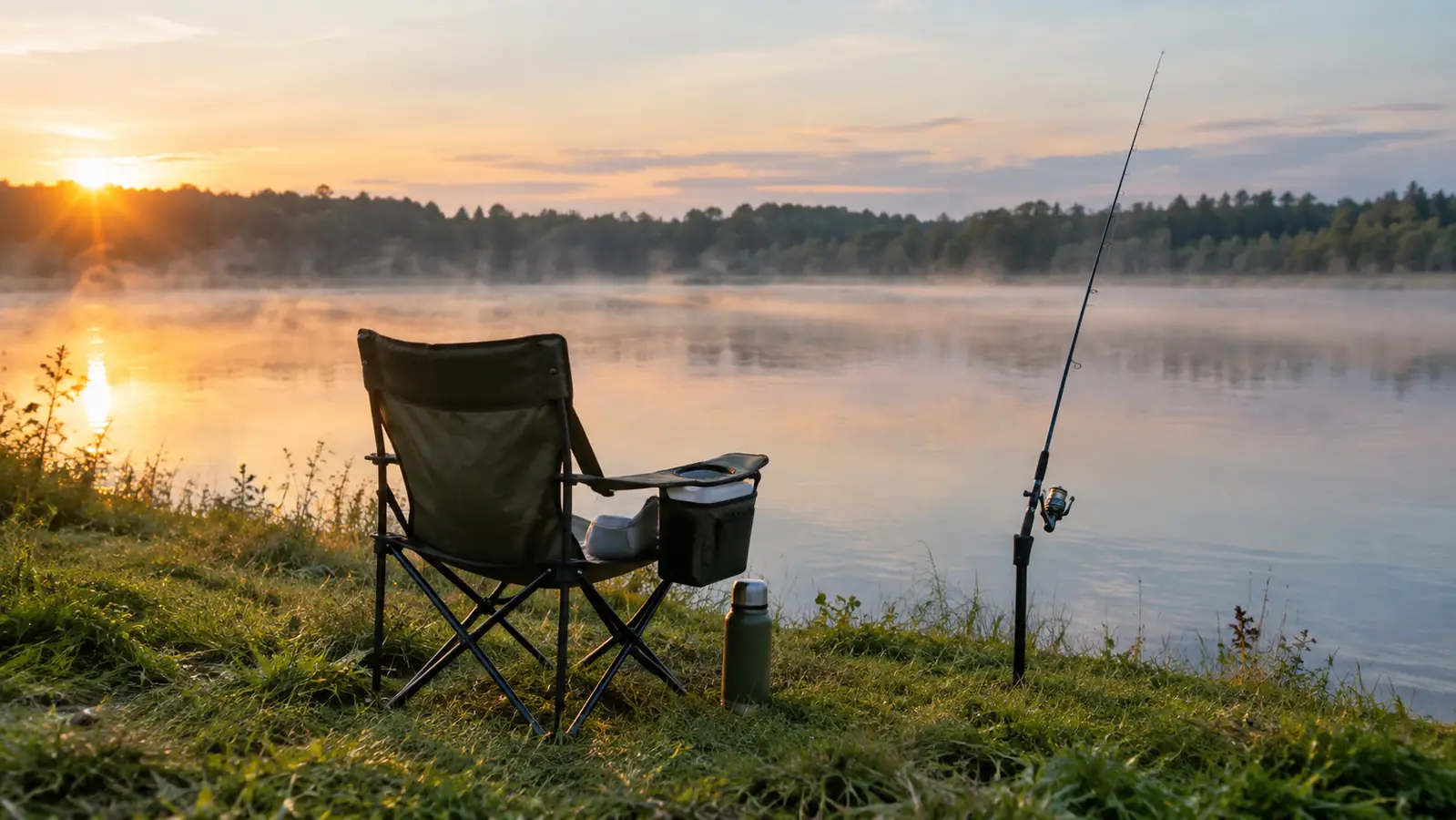 A folding camp chair with an arm cooler sits on a grassy bank facing a calm lake at dawn, a fishing rod resting in a rod holder beside it, thin mist over the water, soft morning light filling the scene.