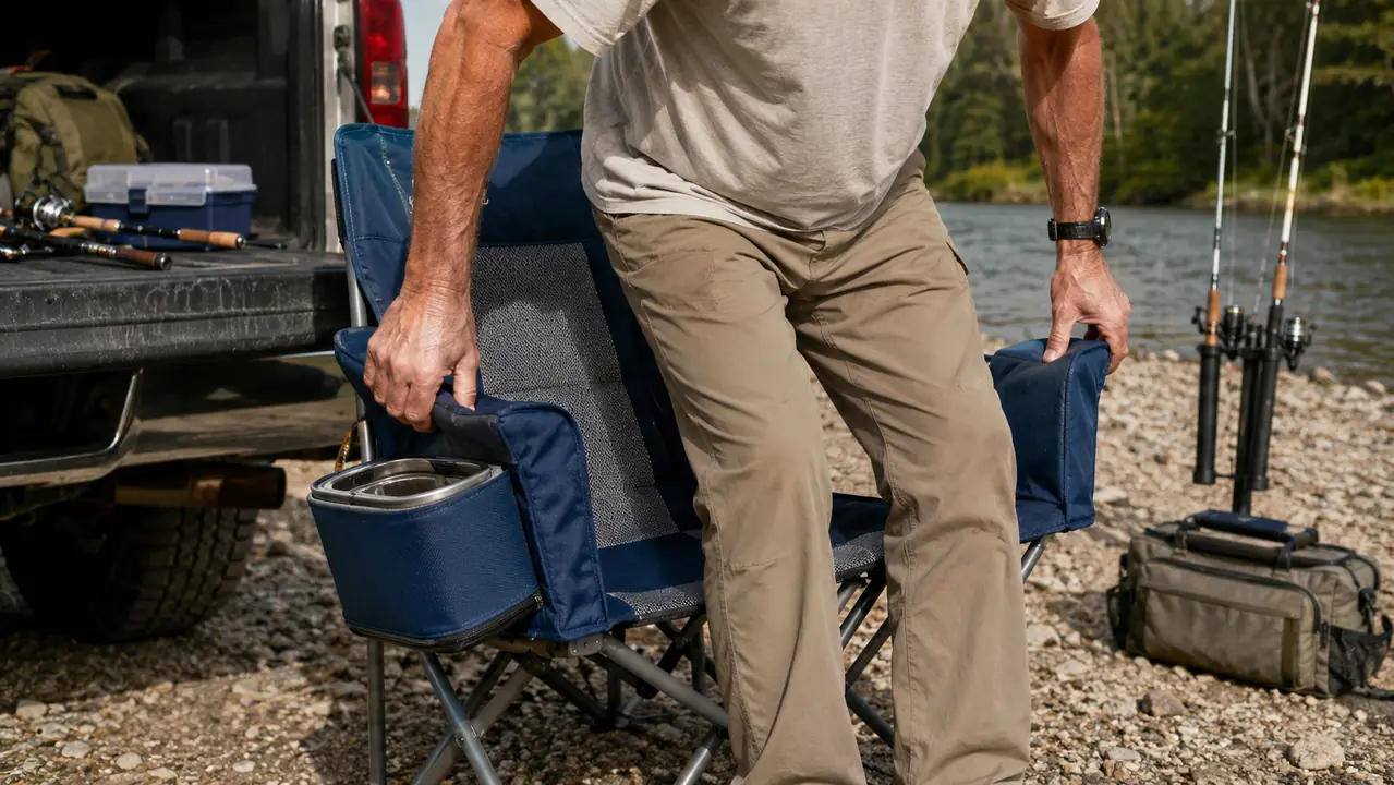 An angler settling into the camping chair with the arm cooler on a gravel bar, a pickup tailgate and a rod holder behind them.