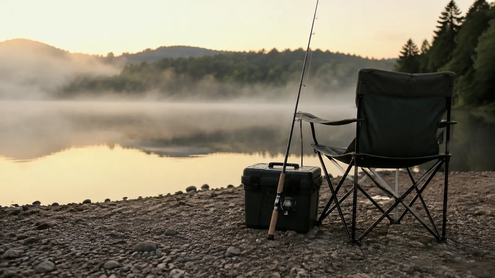 A folding camp chair on a gravel lake bank at dawn, a spinning rod leaning against a tackle box beside it, calm water in the background.