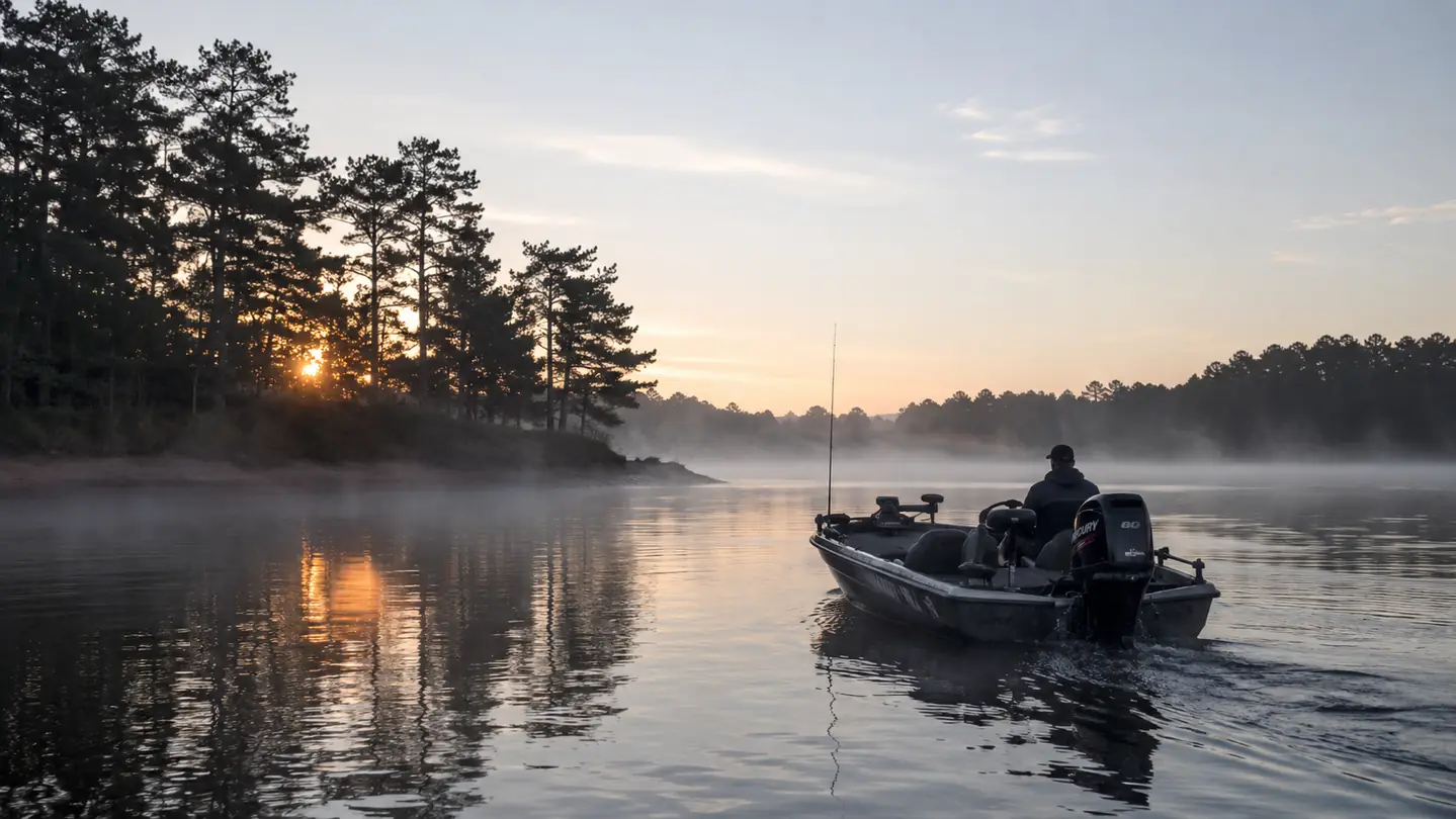 Dawn on a still lake, a bass boat drifting off a tree-lined point with soft mist over the water
