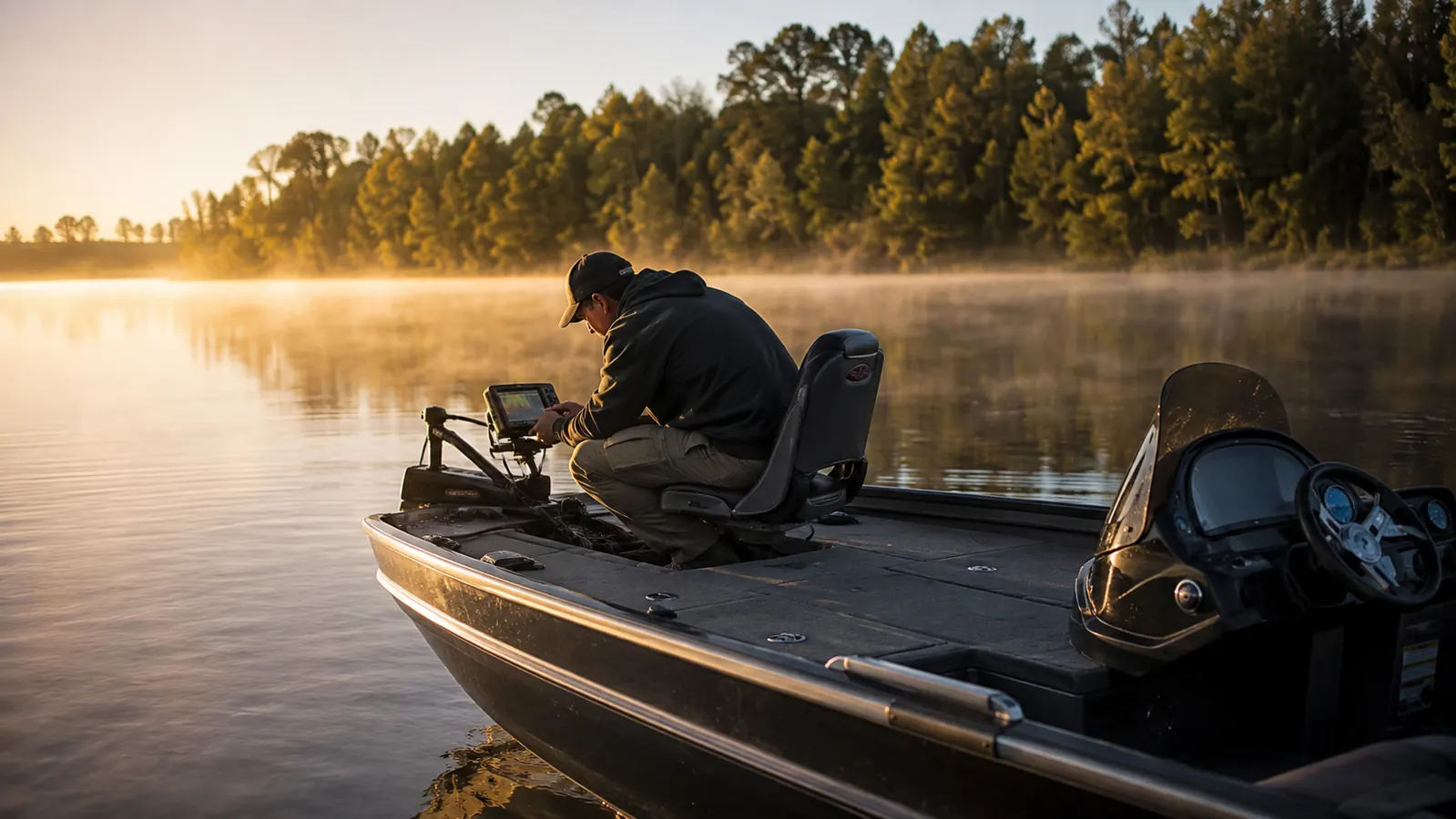 An angler in a ball cap watches a small fish finder screen at the bow of a boat on a misty lake at sunrise