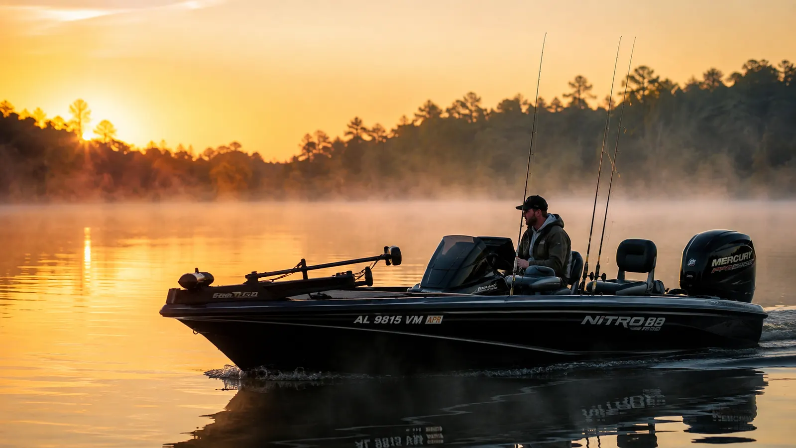A bass boat drifting across still water at sunrise, mist hanging over the lake and an orange glow through the far treeline.