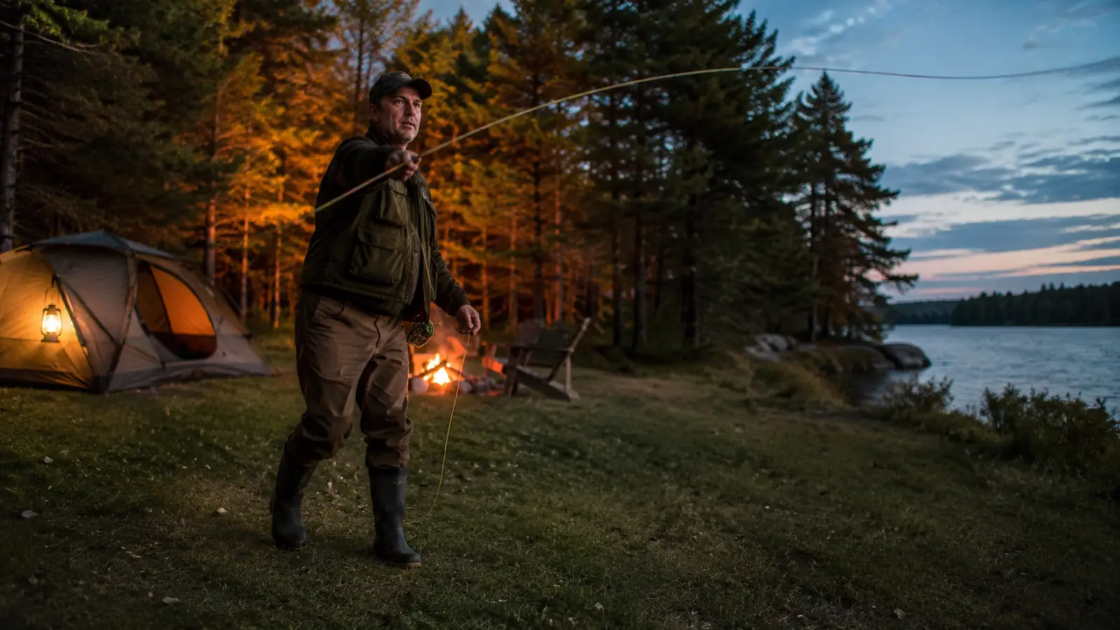 Evening casting practice in a clearing beside a lakeside camp, an angler casting a weighted plug past a glowing lantern as dusk falls