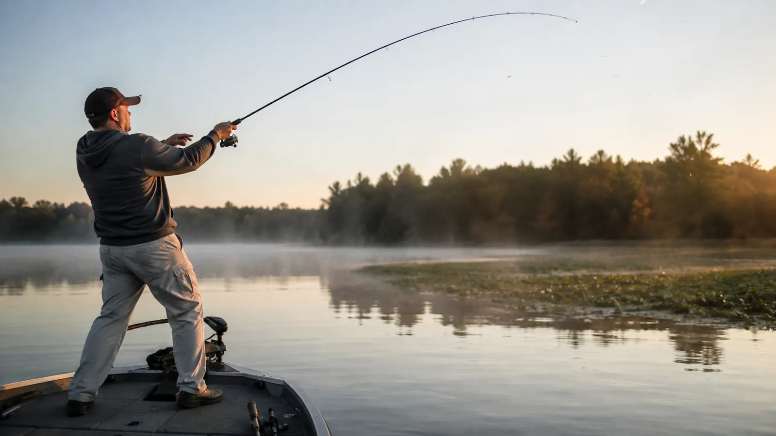 A middle-aged angler mid-cast from the bow of a small aluminum fishing boat at first light, rod bent under load, line arcing toward a far weed line