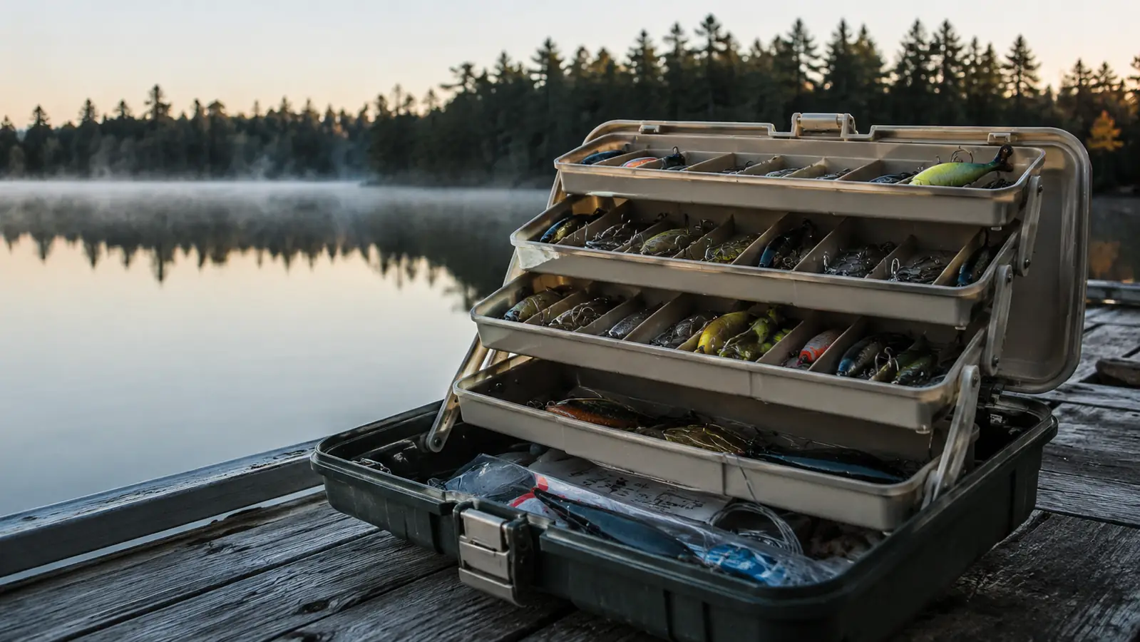 An open tackle box with its trays fanned out across a wooden dock at first light, lures laid in neat rows, a still lake and treeline behind
