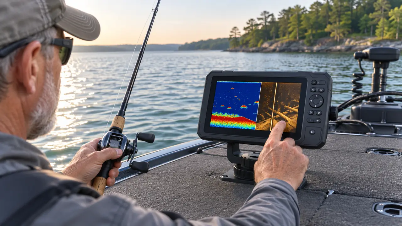 The fish finder screen mounted on the bow casting deck of a small boat, an angler's hand reaching toward the screen while the other hand holds a rod