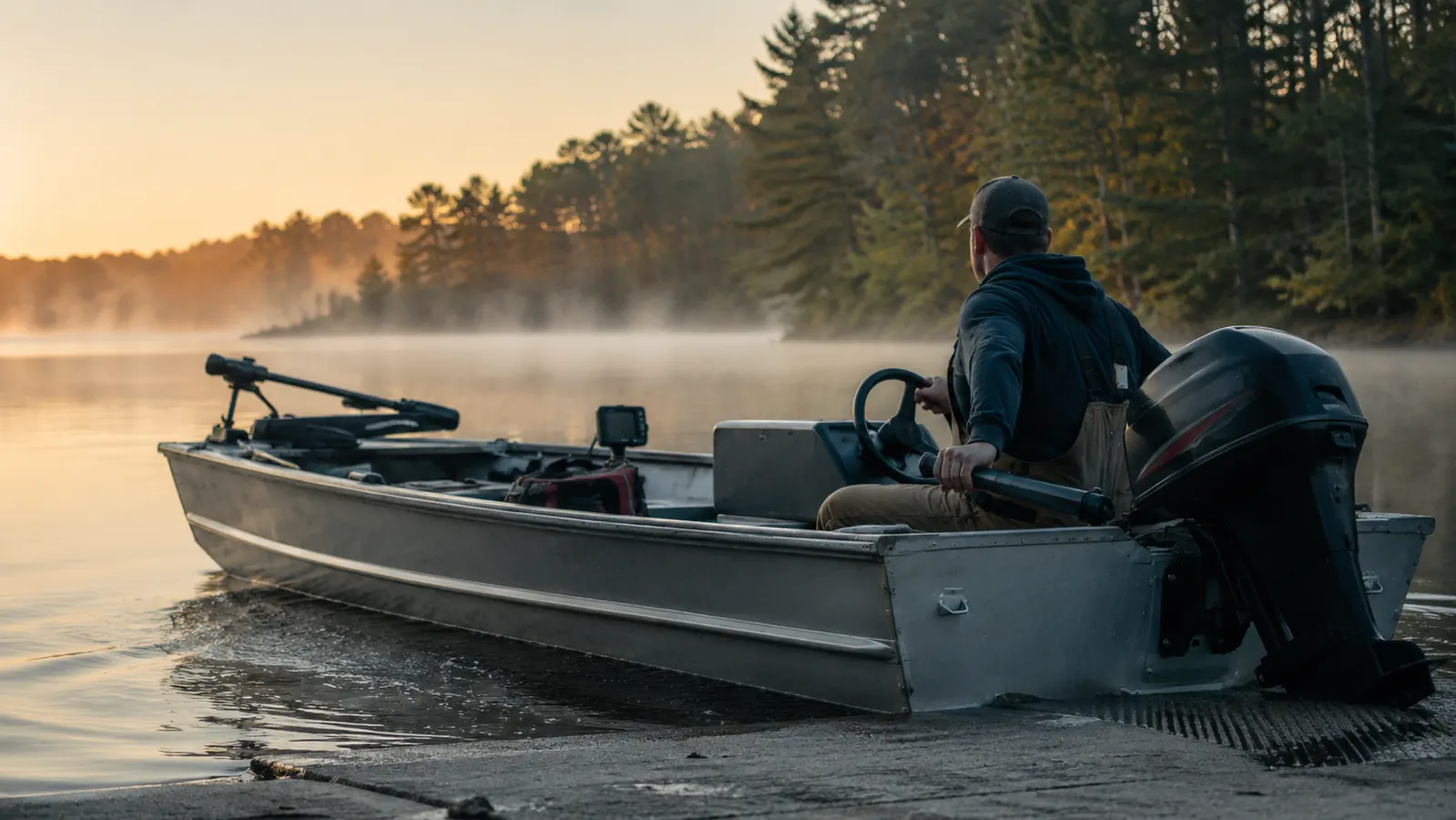 A small aluminum fishing boat idling off a launch at dawn, mist lying on a still reservoir and a treeline in soft morning light