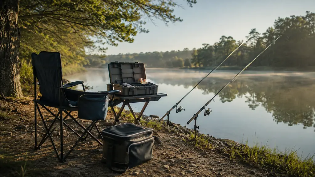 Complete day camp setup on a riverbank: camp chair, small folding table holding an open tackle box, two rods in bank holders, morning light