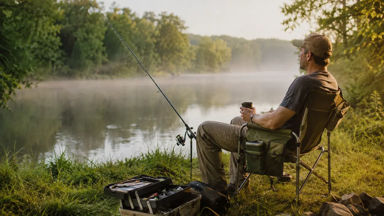 Angler seated in a folding camp chair on a grassy riverbank, fishing rod standing in a bank rod holder, open tackle box on the grass beside the chair, early morning light across the water