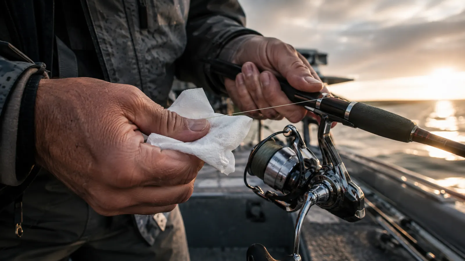 An angler's hands running braided fishing line through a folded wet paper towel while filling a spinning reel on a boat deck at first light