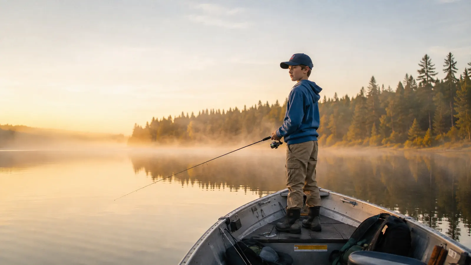 A small fishing boat sitting on a flat lake at dawn, a boy standing in the bow holding a rod, thin mist over the water, treeline in soft morning light