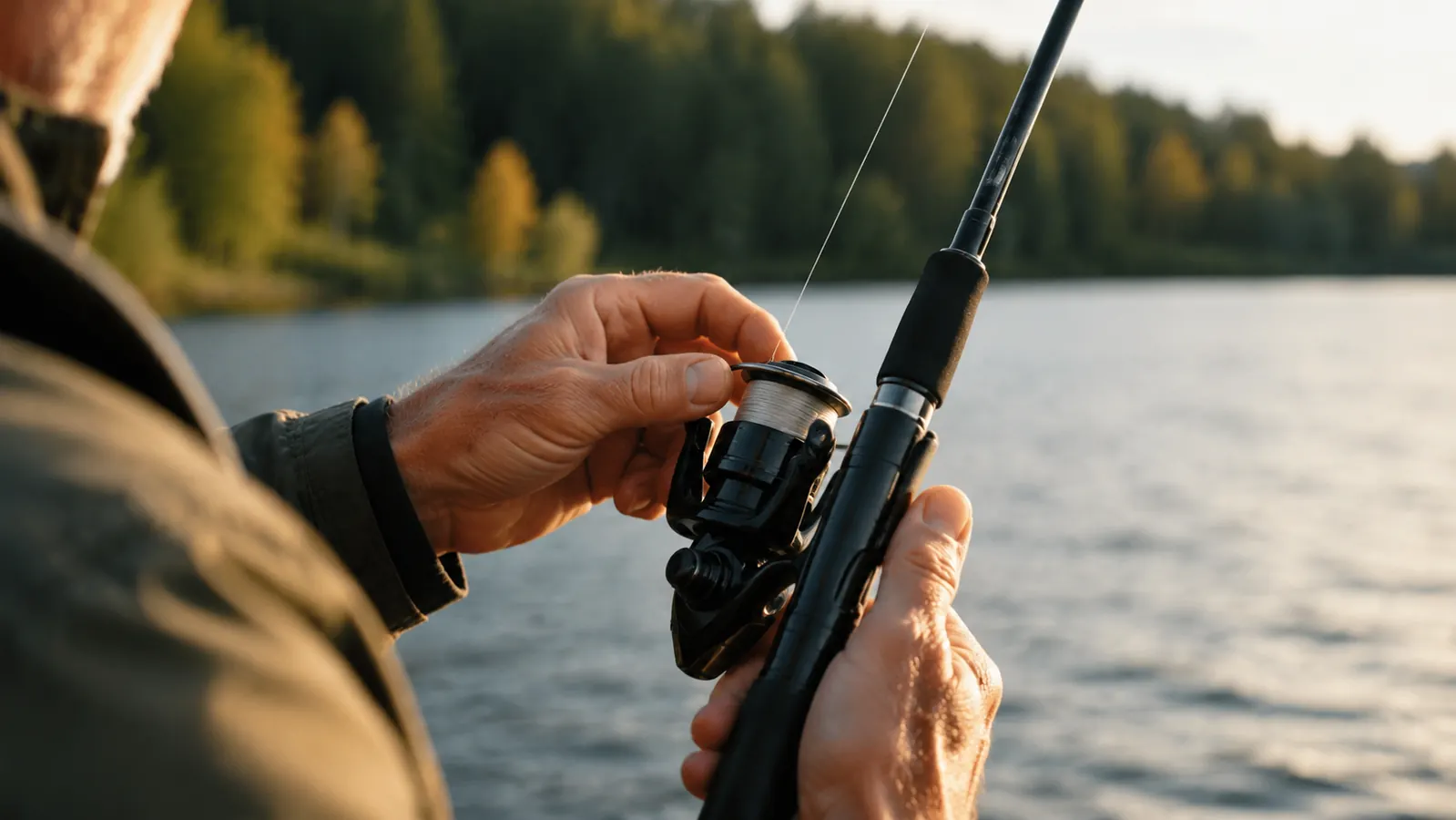 An angler's hand adjusting the line on the spool of a spinning reel at the side of a bass boat, checking the line lay