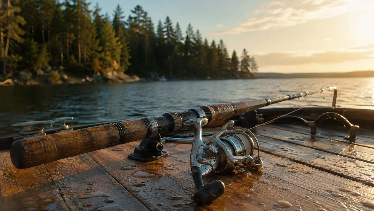 A fishing rod and reel combo lying across a boat deck in late-afternoon light, water droplets on the wood, scuffed reel, pine shoreline behind