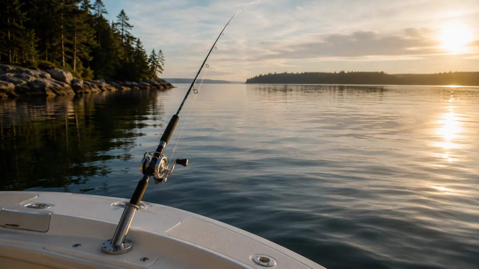 A rod and reel combo standing in a hull-mounted rod holder on a boat deck with the line running out across a calm late-afternoon cove