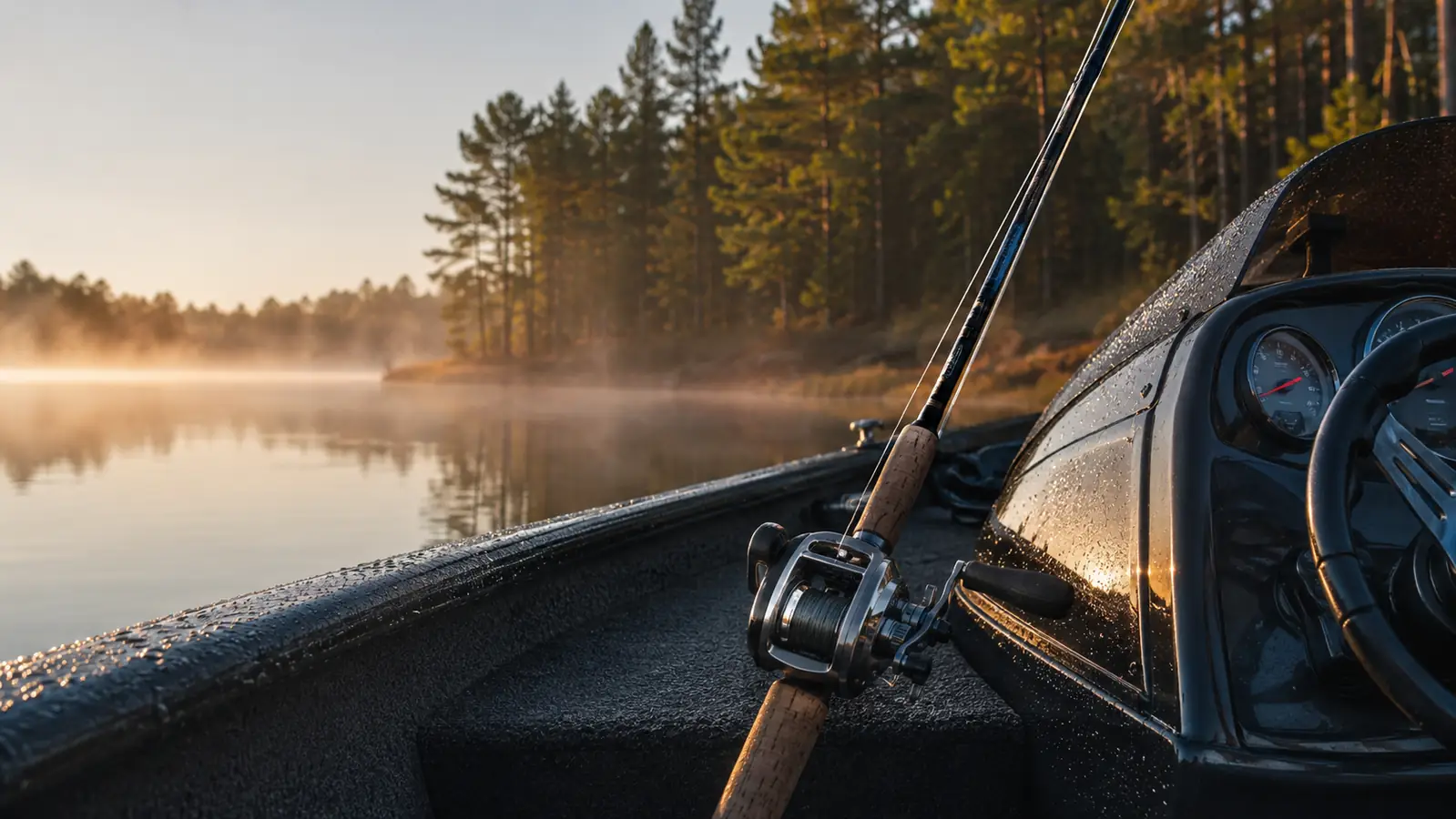 A fishing rod and reel combo leaning against the console of a bass boat at first light, mist over a quiet pine-lined lake