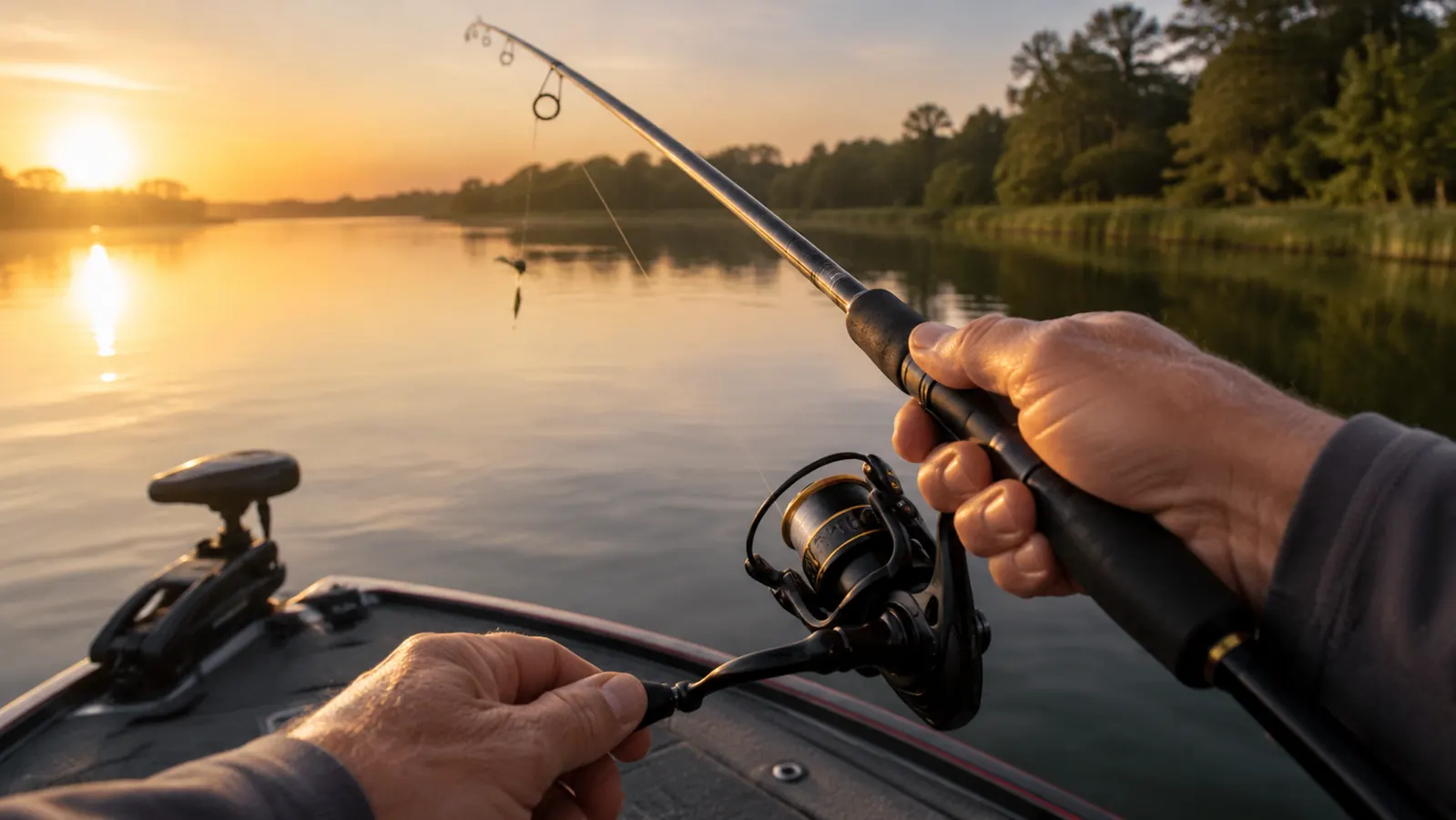 Hands casting a KastKing Centron spinning combo off the front deck of a boat, line leaving the spool in a smooth arc toward calm water