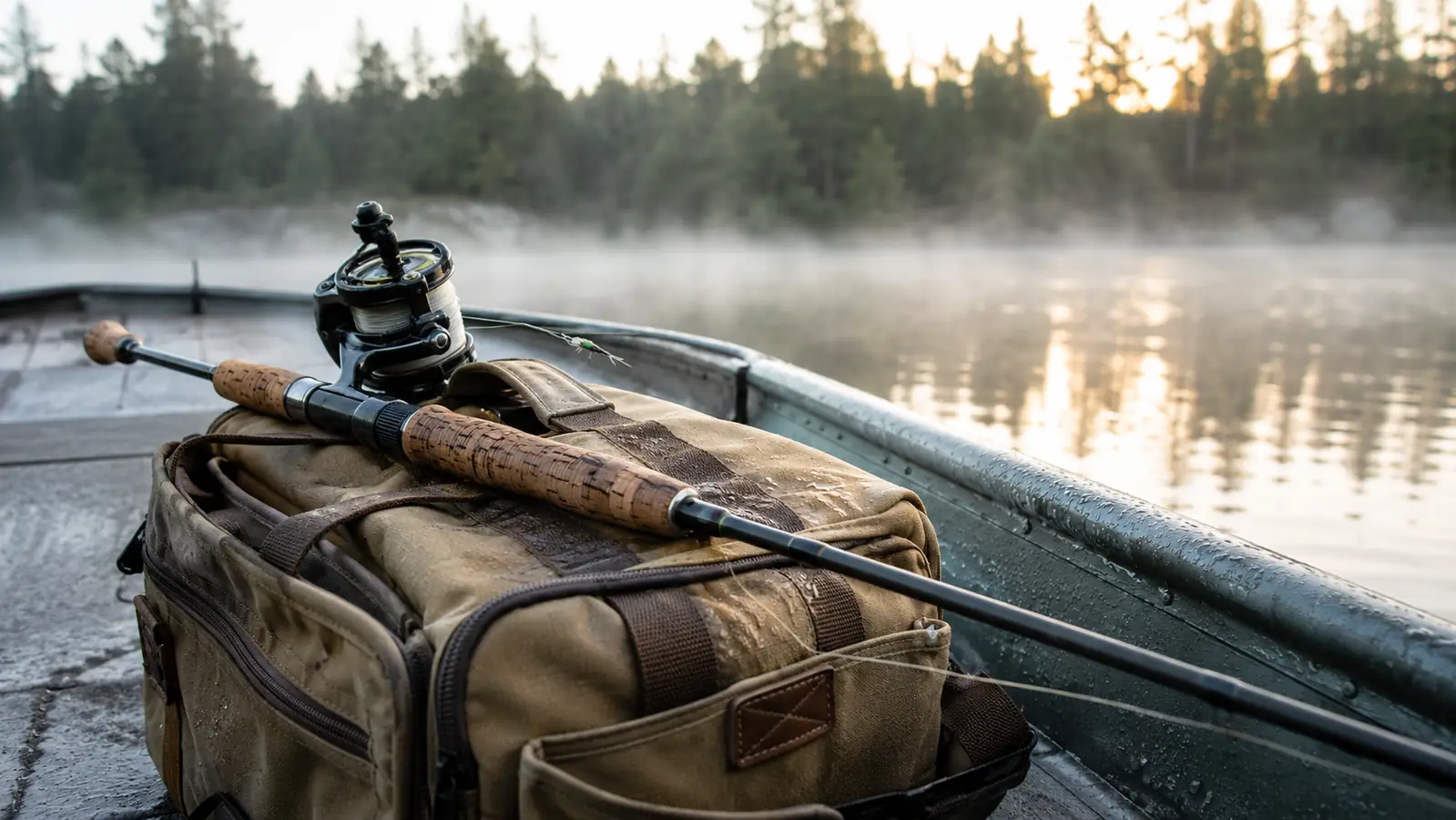 A well-used spinning rod and reel combo resting across a canvas tackle bag on the deck of an aluminum boat at first light, mist over a tree-lined lake
