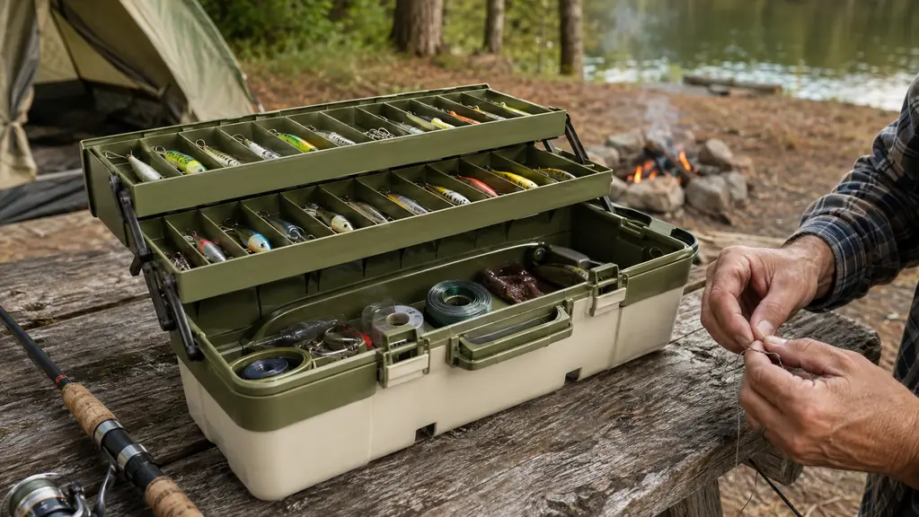 An open all-in-one tackle box on a weathered picnic table with trays of lures visible and a hook being tied onto a line