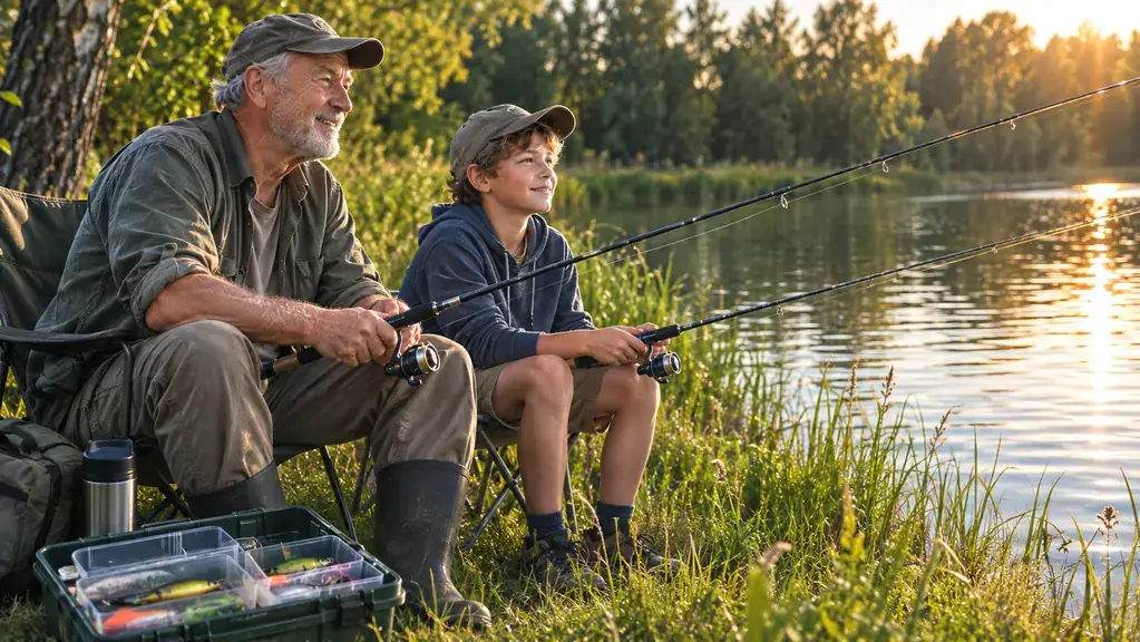 A grandfather and a boy sitting on a grassy lakeside bank with rods over the water at golden hour, an open tackle box beside them