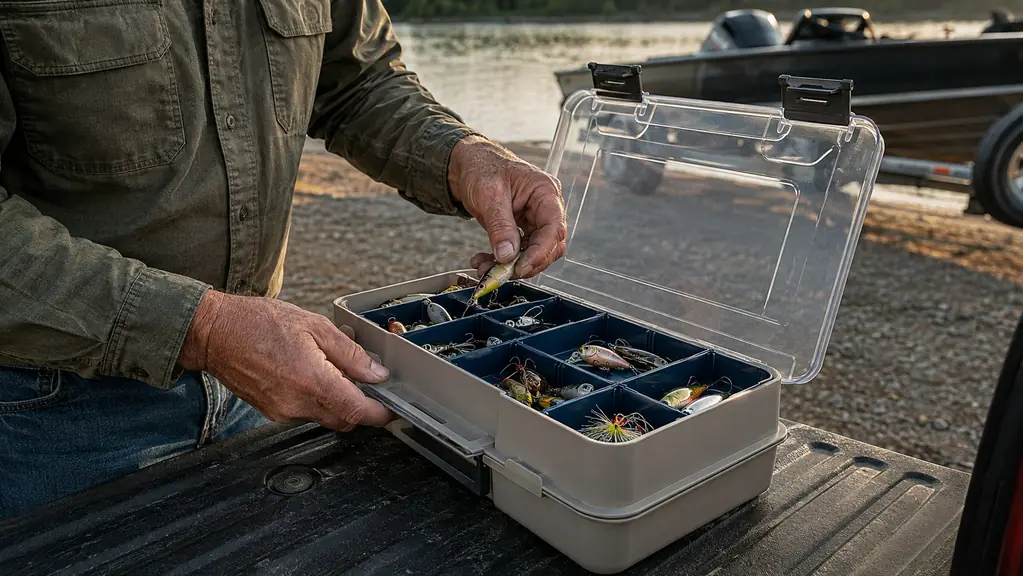 A hand sorting hooks and lures into the divided trays of an open tackle box on a tailgate at a gravel boat ramp