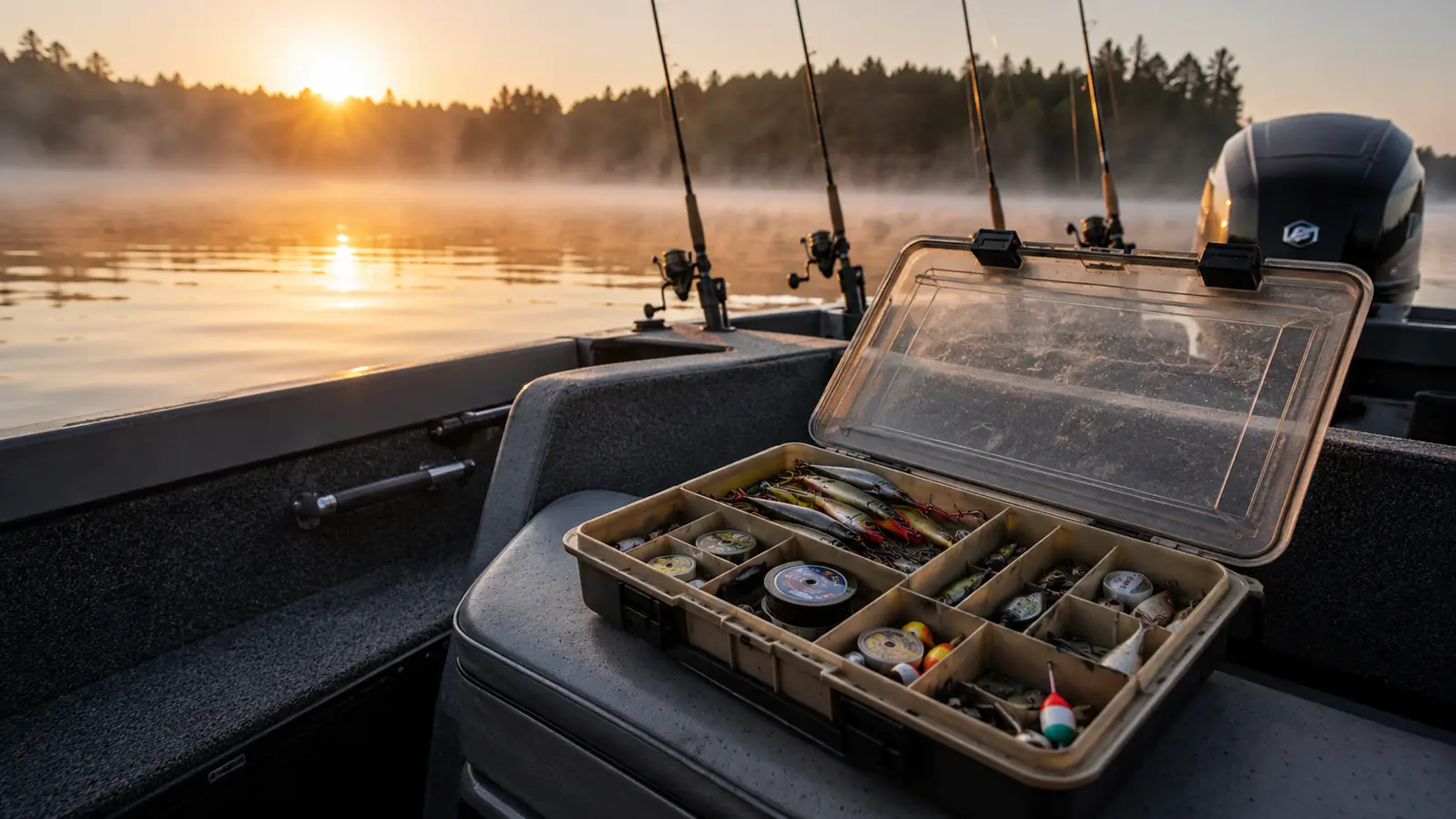 An open tackle box on the bench seat of an aluminum fishing boat at sunrise, rods in deck holders behind it, low mist over the water
