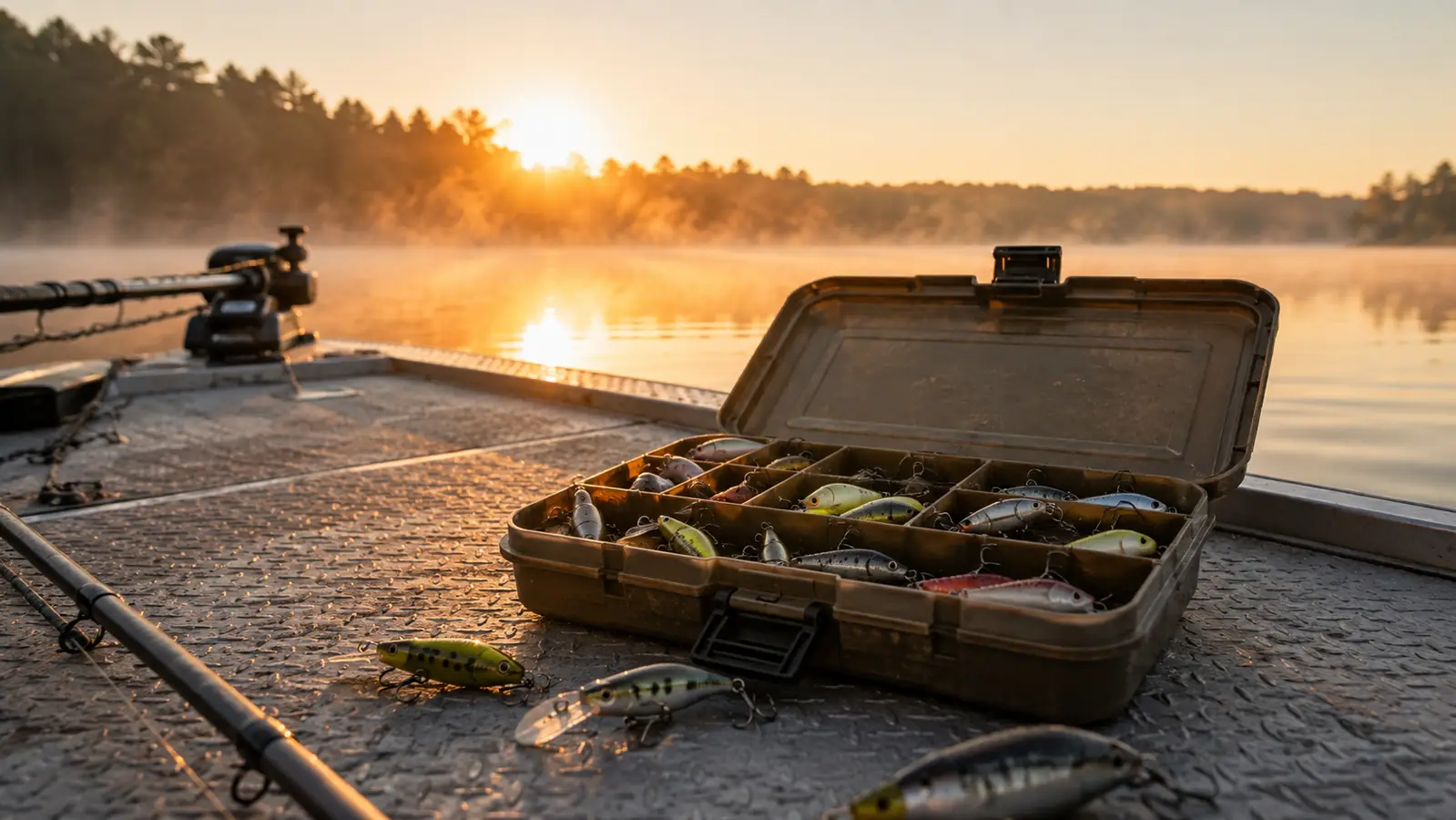 An open tackle box packed with lures resting on the deck of a small aluminum boat at first light