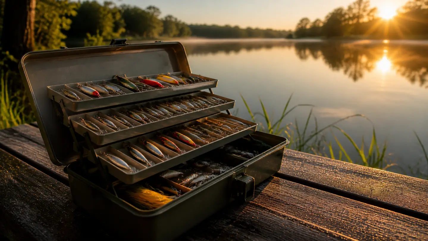 An open tackle box full of assorted fishing lures and hooks sitting on a weathered dock bench at dawn, a calm tree-lined lake behind it
