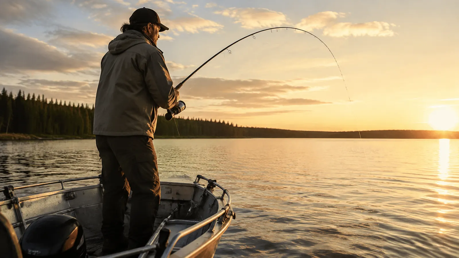 An angler standing in a small fishing boat on a calm lake at dusk, rod bent with fishing line arcing over the water.