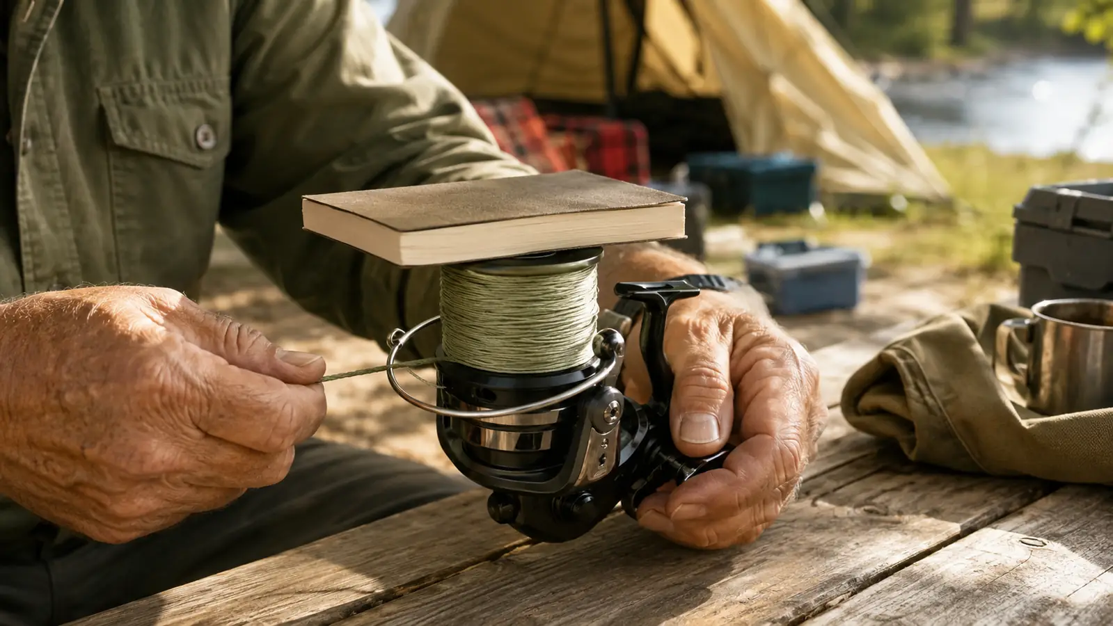 Hands spooling braided fishing line onto a spinning reel at a campsite picnic table, with a small book balanced on top of the line spool to hold tension