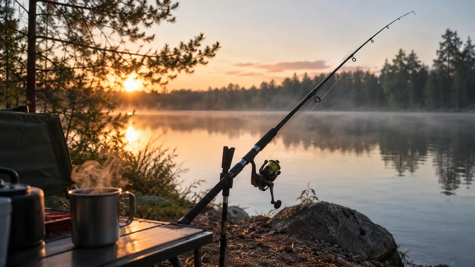 A fishing rod standing in a rod holder at a lakeside campsite at dawn, with a braided fishing line running from the reel through the rod guides toward a calm lake, and a coffee cup steaming on a camp table