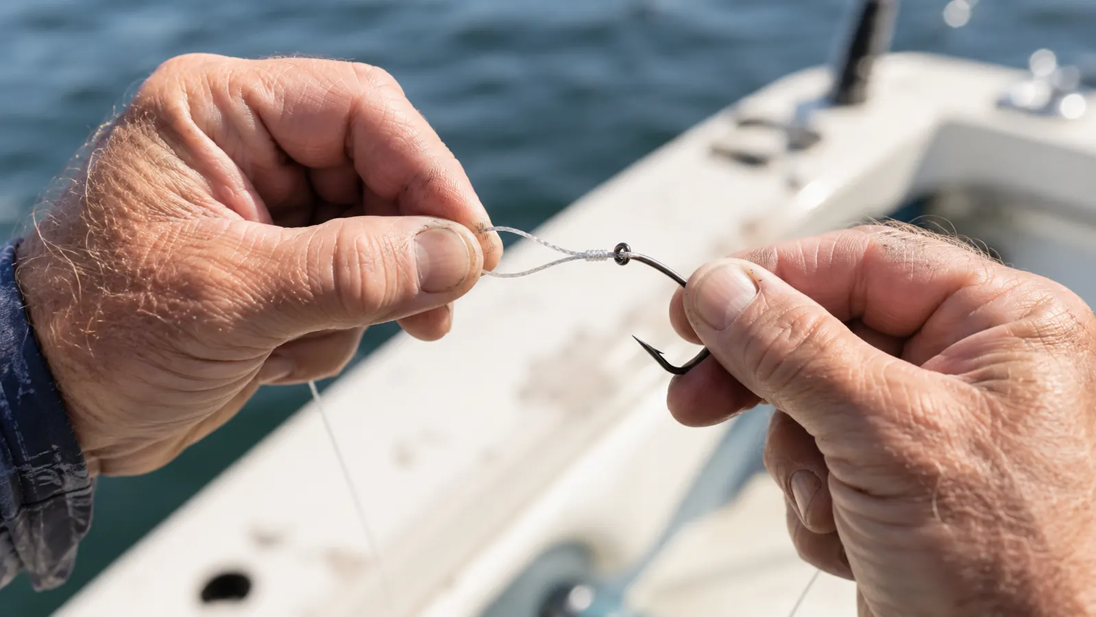 Hands tying a braided fishing line to a hook with a Palomar knot on a boat deck