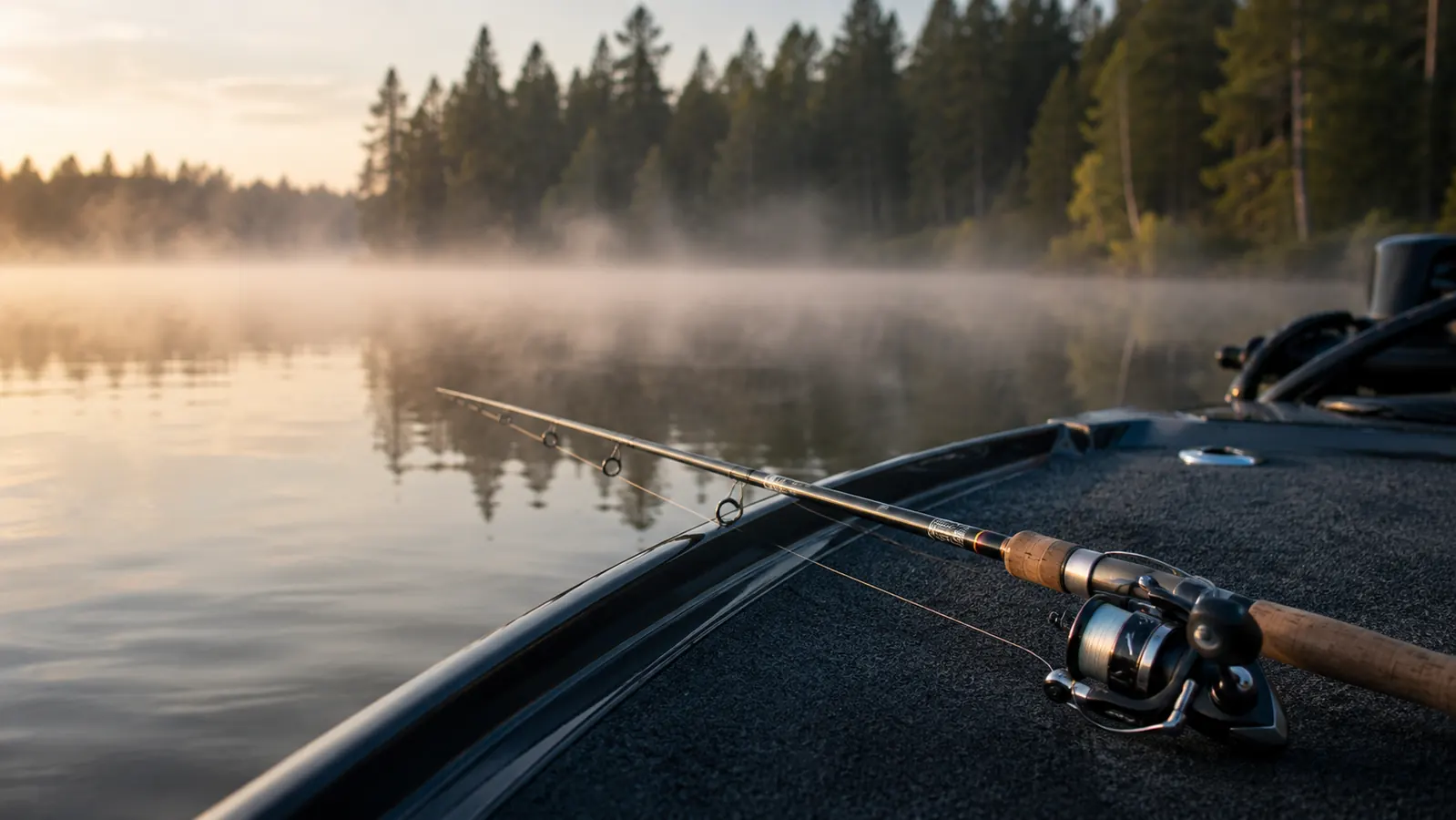 A fishing rod resting across the bow of a boat on a still morning lake, with line running from the reel through the rod guides toward the water