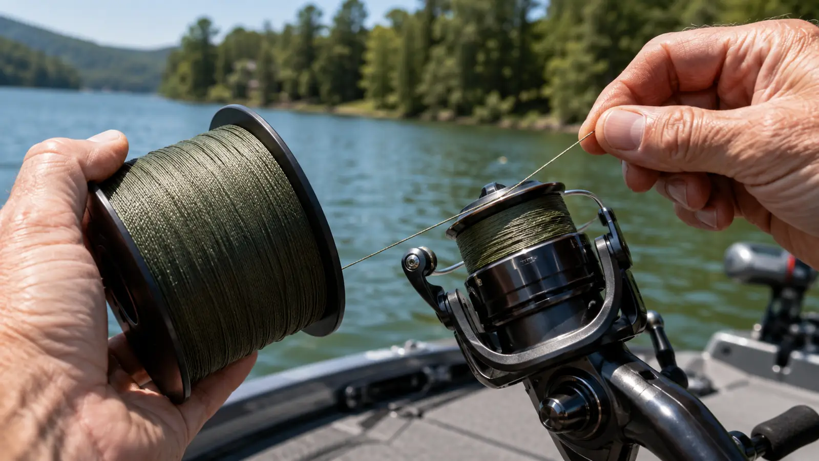 Hands spooling braided line onto a spinning reel under light finger tension so the line lays flat and even on the spool, on a boat deck