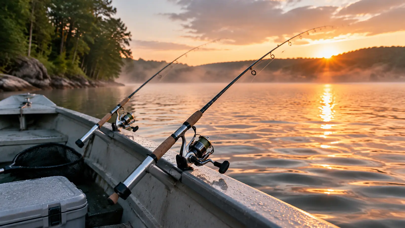 A small aluminum boat on a tree-lined reservoir at dawn, two spinning rods in deck holders with line running out, low mist and first light on calm water